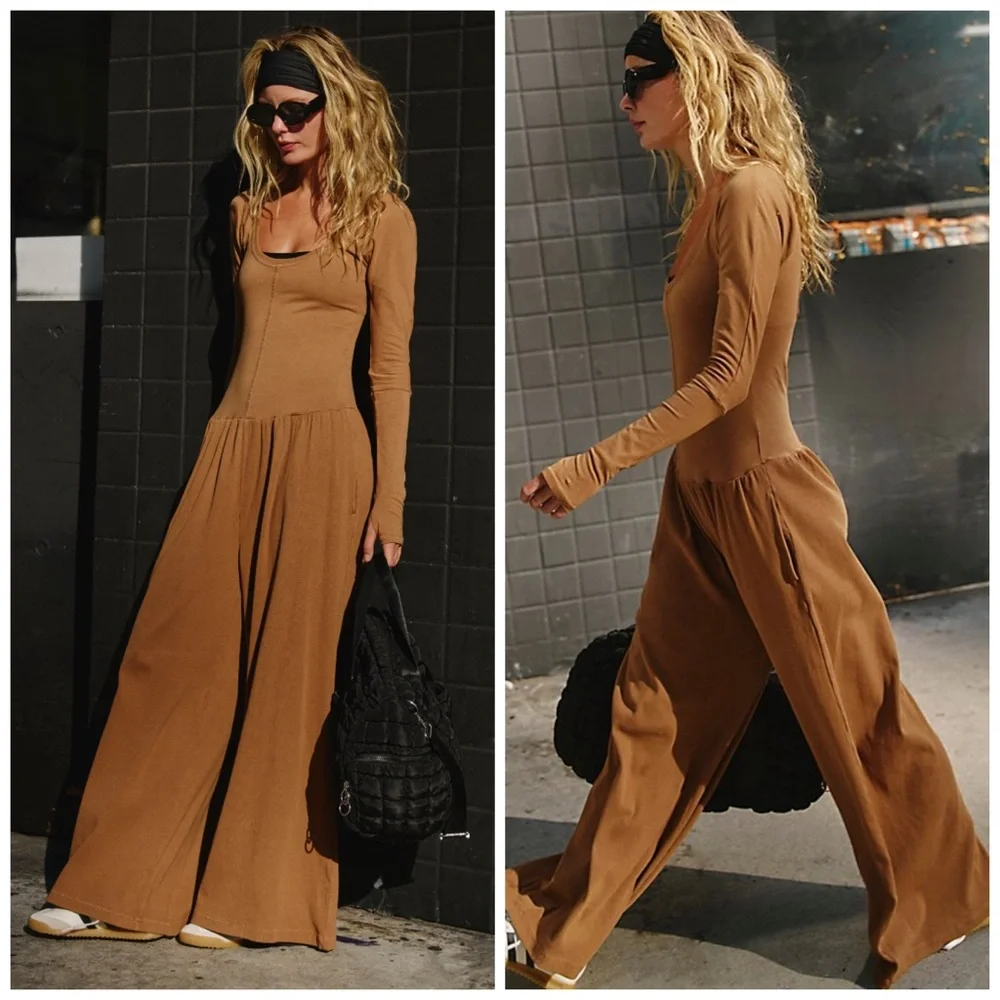 Free People Hot Shot Wide Leg Onesie Camel XL - Picture 2 of 5